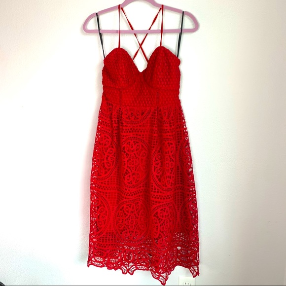 Lulus | Real Life Dream Berry Red Lace Midi Dress - Picture 3 of 12
